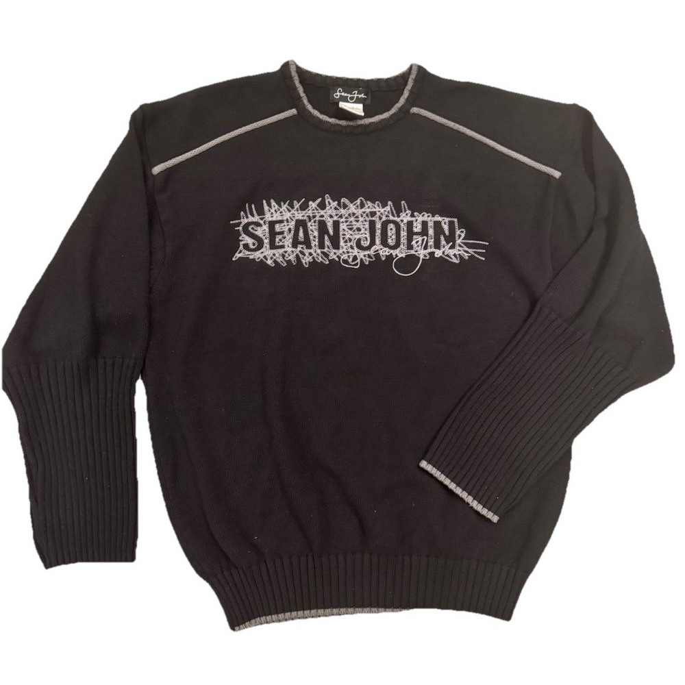 Y2K Sean John Men's XL Chunky Knit Sweater Crew Neck Black Embroidered Heavy